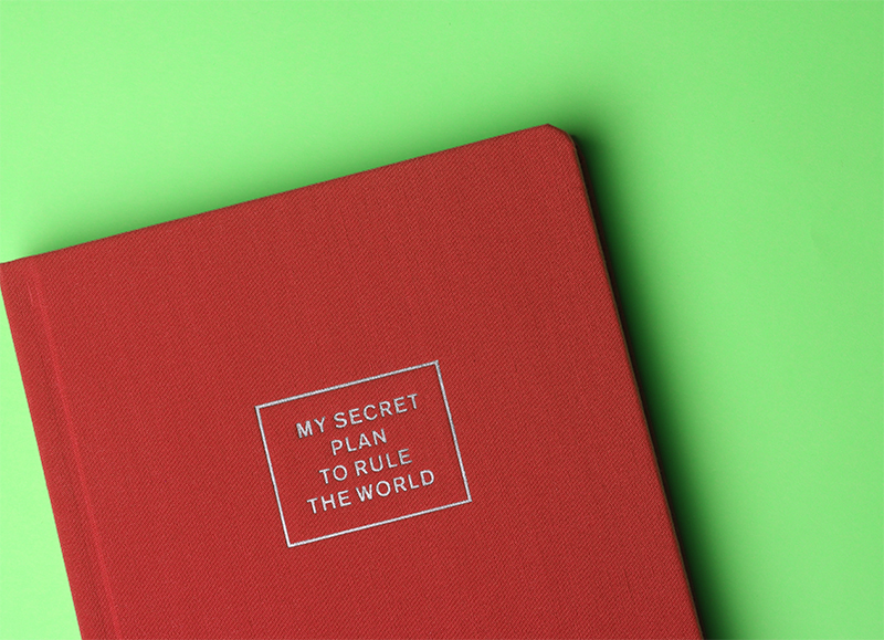 notebook with title plans to take over world